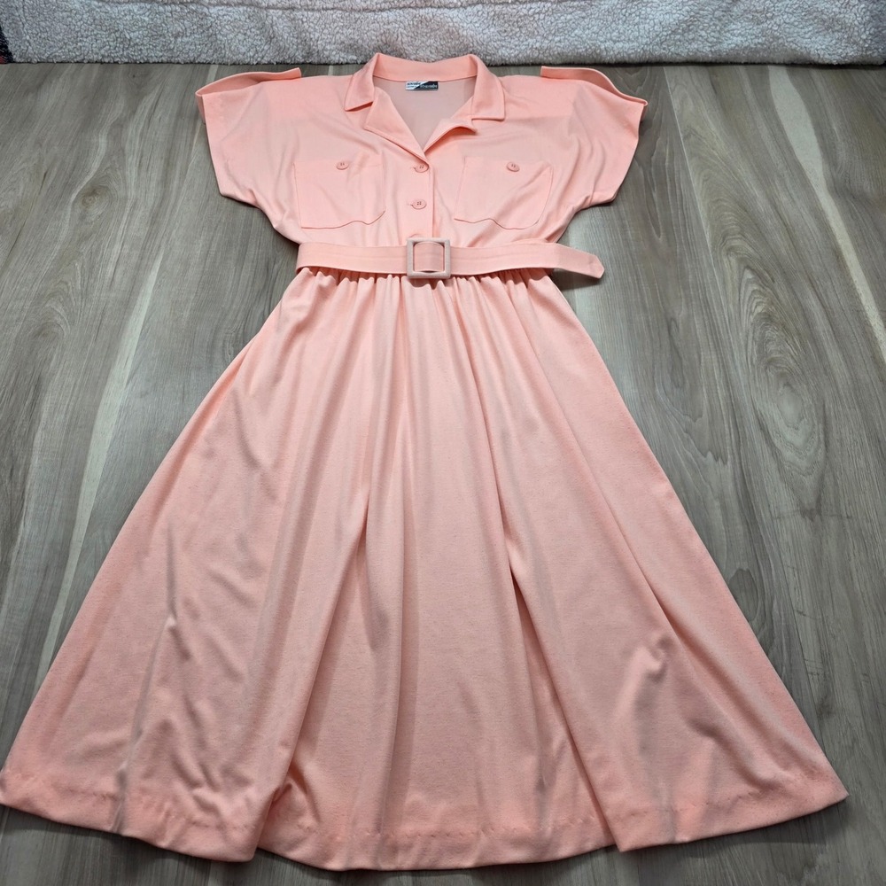 Vintage 80s Sunshine Starshine Peach Belted Short‎ Sleeve Midi Shirt Dress